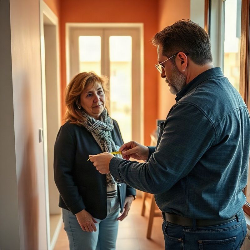 Profesional revisando medidas junto a una vecina en una vivienda de Zaragoza