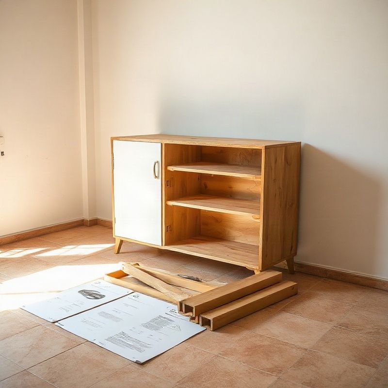 Mueble parcialmente montado con instrucciones y herrajes ordenados